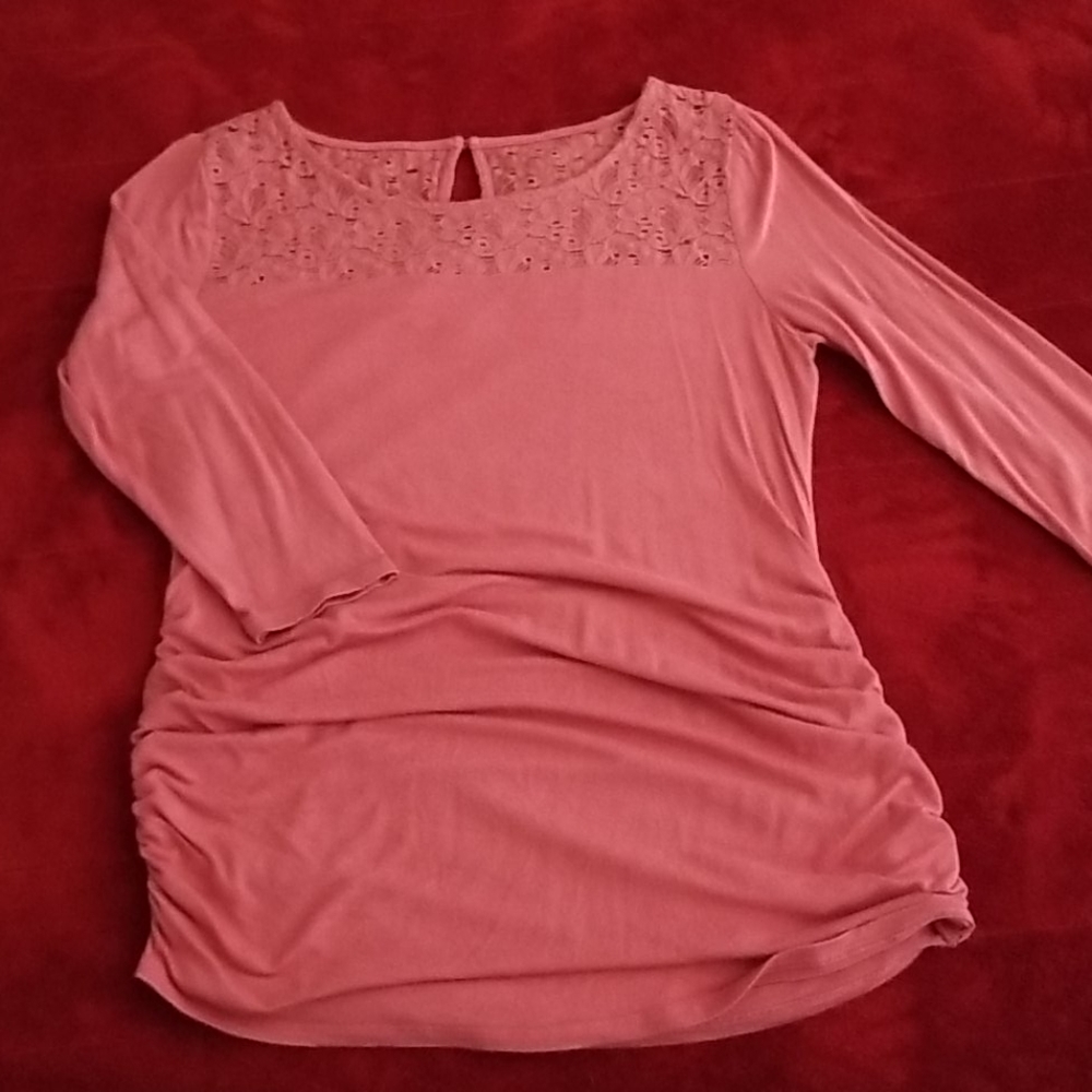 Coral Maternity Top with floral lace accents